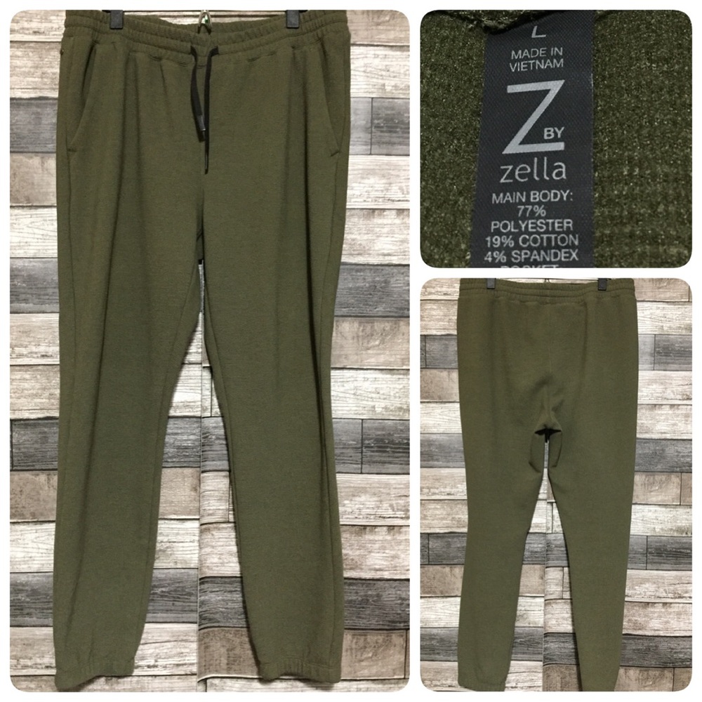 Zella Jogger Sweatpants Men L Olive Green Textured Tapered Drawstring Inseam 29